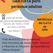 ENSEÑANZA OFICIAL GRATUITA PARA PERSONAS ADULTAS. MATRICULA DEL 3 AL 12 DE JULIO